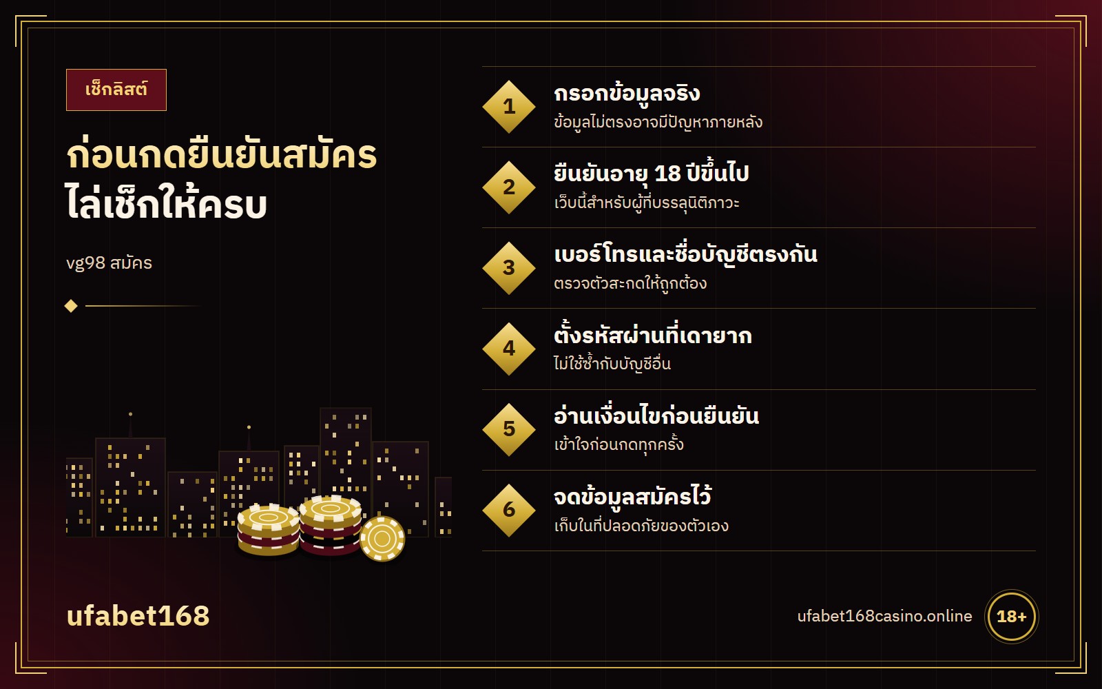 vg98 สมัคร เช็กลิสต์ 6 ข้อ อายุ 18 ปี ชื่อตรงบัญชี เบอร์โทร รหัสผ่าน เงื่อนไข และลิงก์สมัคร